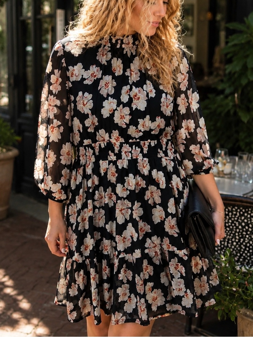 Ember Black Floral Mock Neck Mini Dress Fall Autumn Wedding Guest Size XL Date